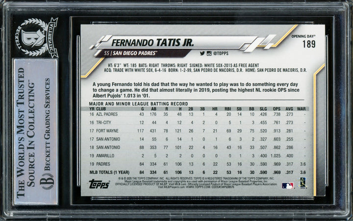 Fernando Tatis Jr. Signed 2020 Topps Opening Day Card 189 Padres Beckett