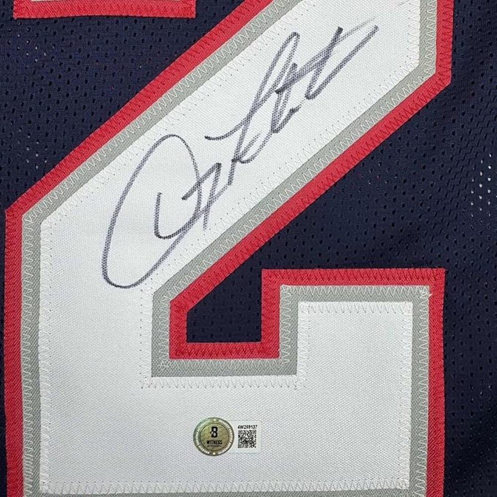 Framed Autographed/Signed Doug Flutie 35x39 New England Blue Jersey Beckett COA