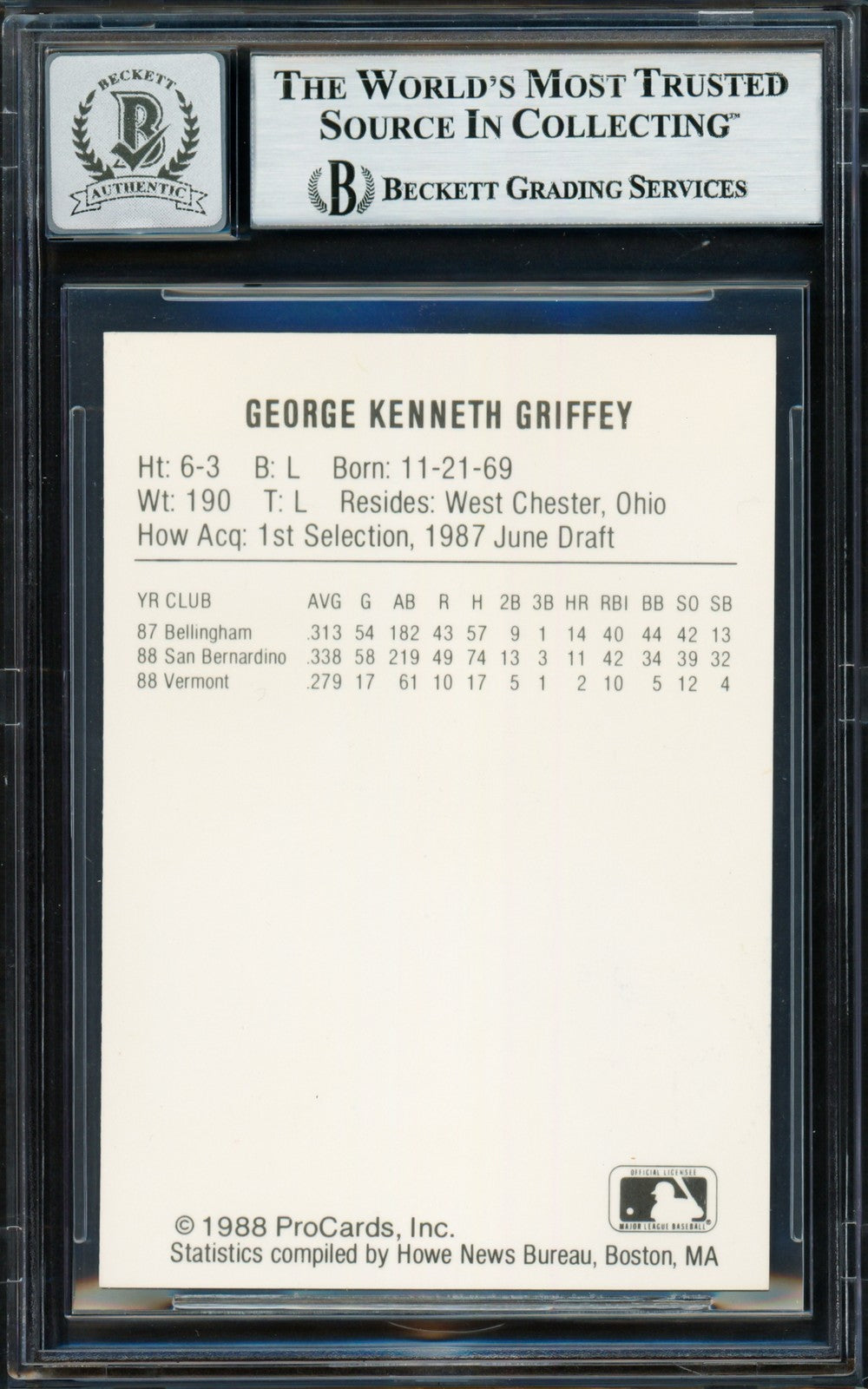 Ken Griffey Jr. Auto 1988 Procards RC Vermont Mariners Auto 10 Beckett #18629576