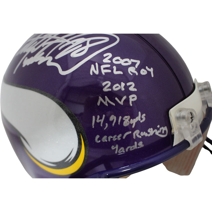 Adrian Peterson Signed Minnesota Vikings Pro VSR4 TB 3 insc Helmet Beckett 54599