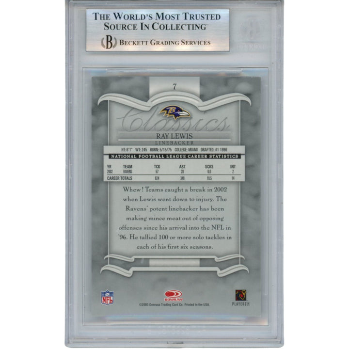 Ray Lewis Autographed 2003 Donruss Classics #7 Trading Card Slab Beckett 53455