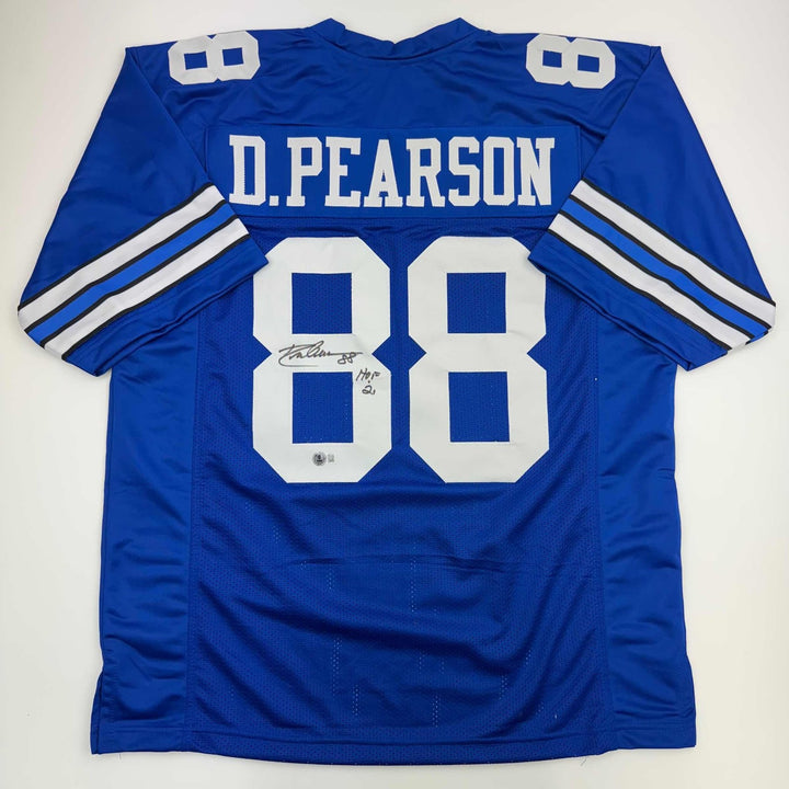 Autographed/Signed DREW PEARSON Dallas Blue Football Jersey JSA COA Auto