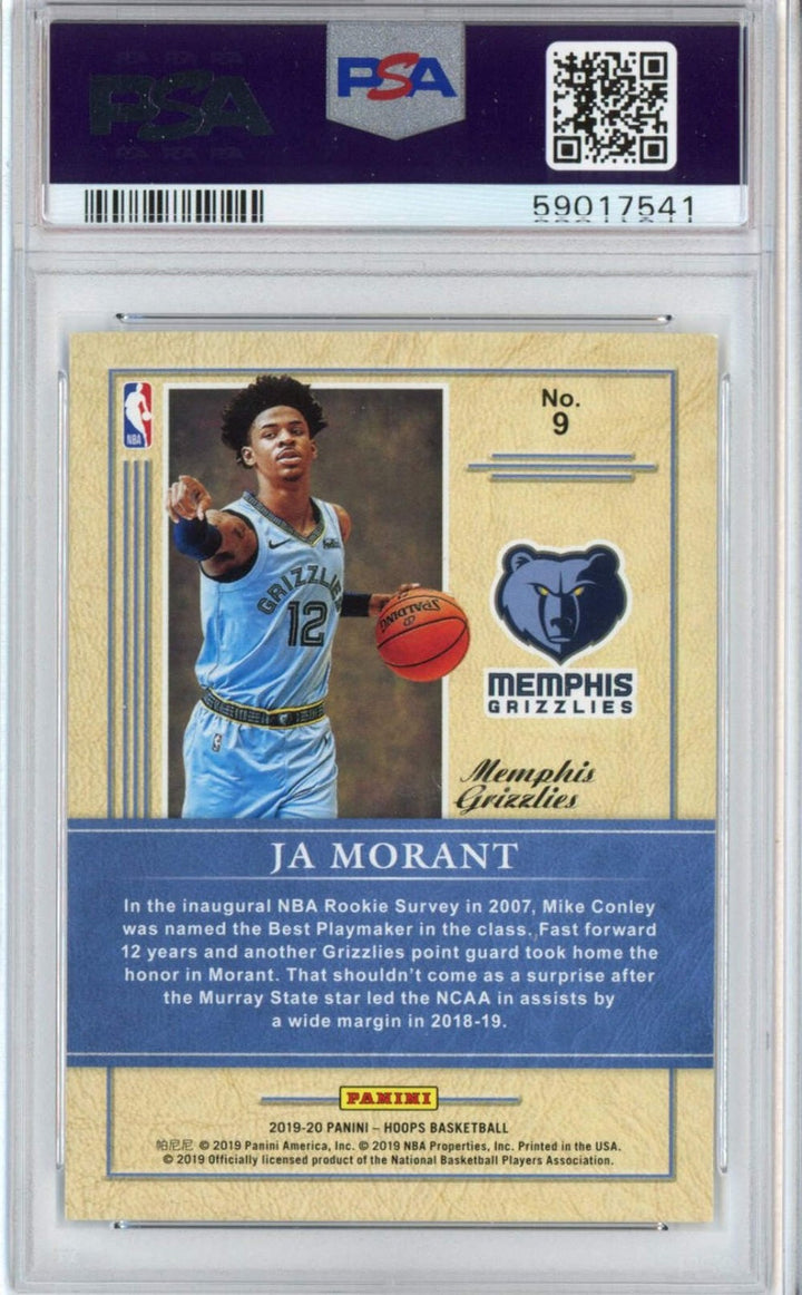 Graded 2019-20 Panini Hoops Ja Morant #9 Class Of 2019 Rookie RC Card PSA 10