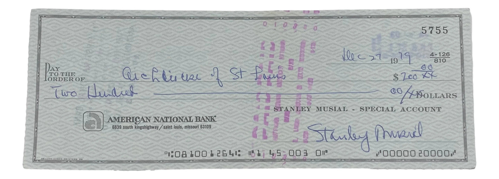 Stan Musial St. Louis Cardinals Signed Bank Check #5755 BAS ...