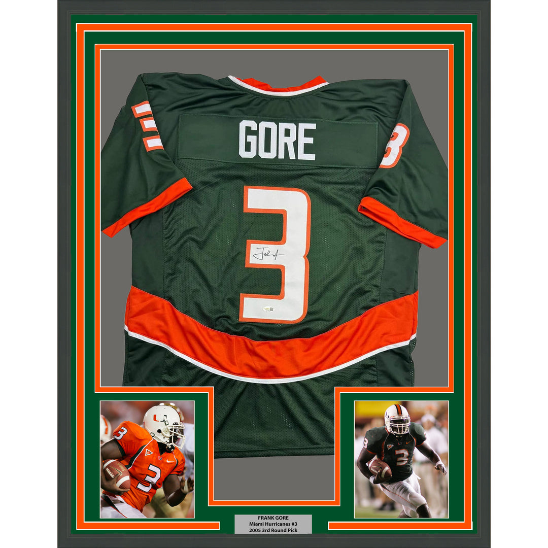 Framed Autographed/Signed Frank Gore 35x39 Miami Green Football Jersey JSA COA