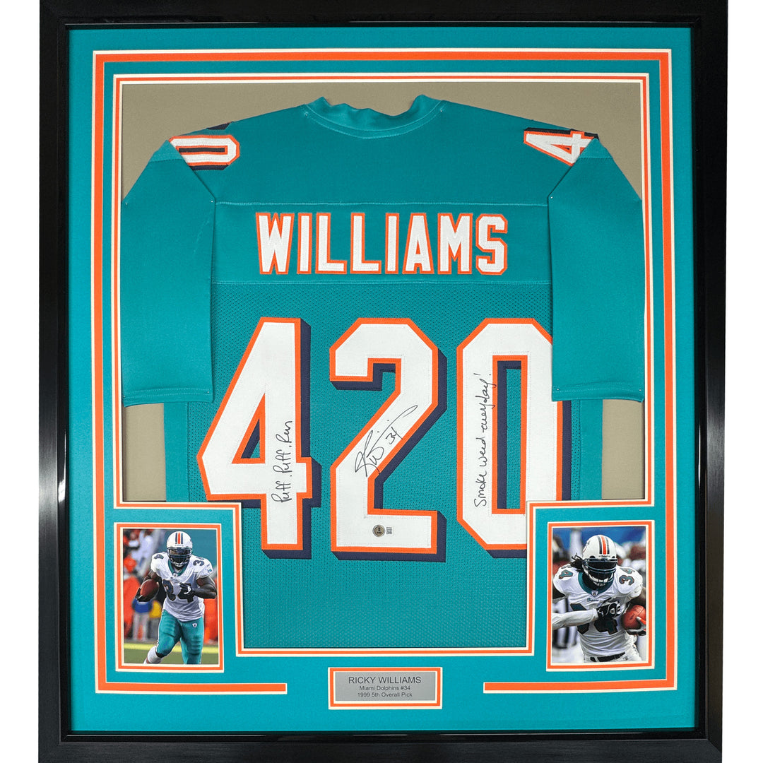 Framed Autographed/Signed Ricky Williams 35x39 Smoke Weed #420 Jersey COA