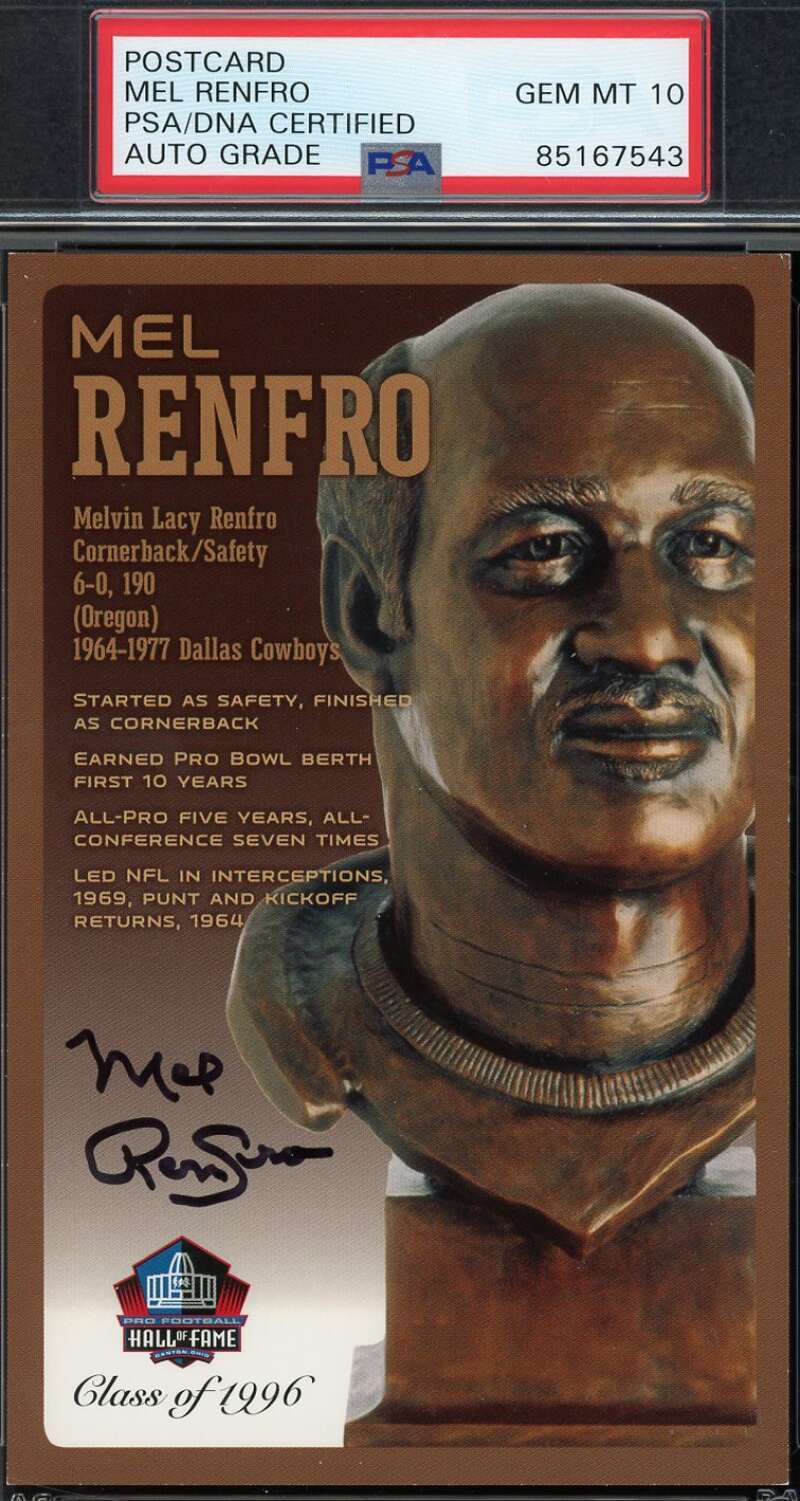 Mel Renfro Gem Mint 10 PSA DNA Signed HoF Bronze Bust Postcard /150 Autograph