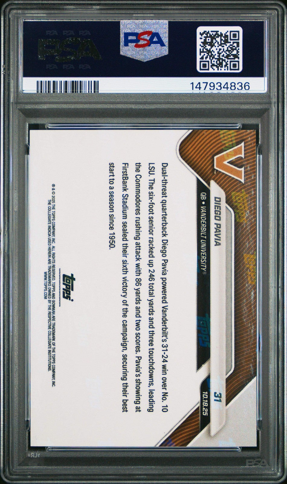 Graded 2025 Bowman U Now Diego Pavia #31 Orange Foil /25 RC Football Card PSA 8