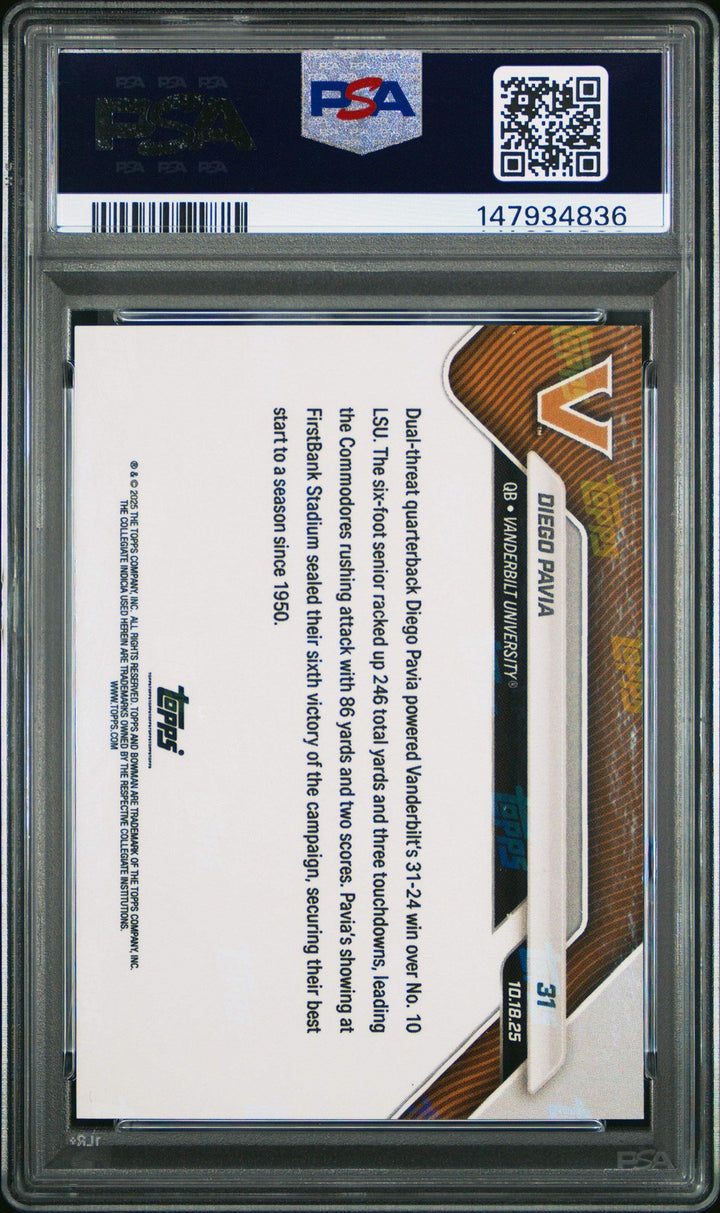 Graded 2025 Bowman U Now Diego Pavia #31 Orange Foil /25 RC Football Card PSA 8