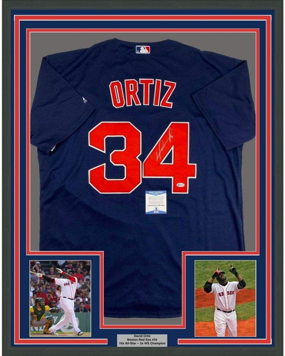 Framed Autographed/Signed David Ortiz 35x39 Boston Blue Jersey JSA COA