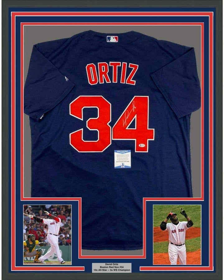 Framed Autographed/Signed David Ortiz 35x39 Boston Blue Jersey JSA COA
