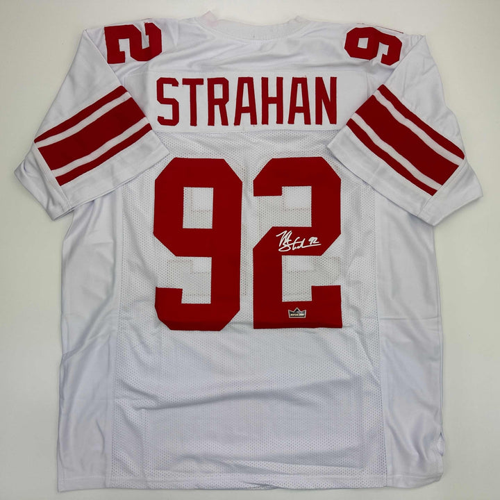 Facsimile Autographed Michael Strahan New York White Reprint Jersey Size Mens XL