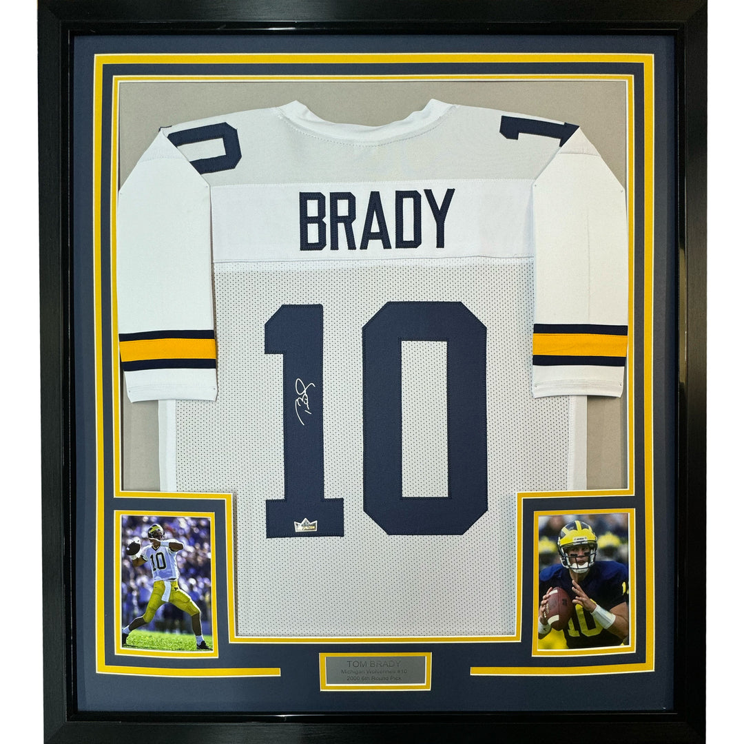 Framed Facsimile Autographed Tom Brady 35x39 Michigan White Reprint Jersey