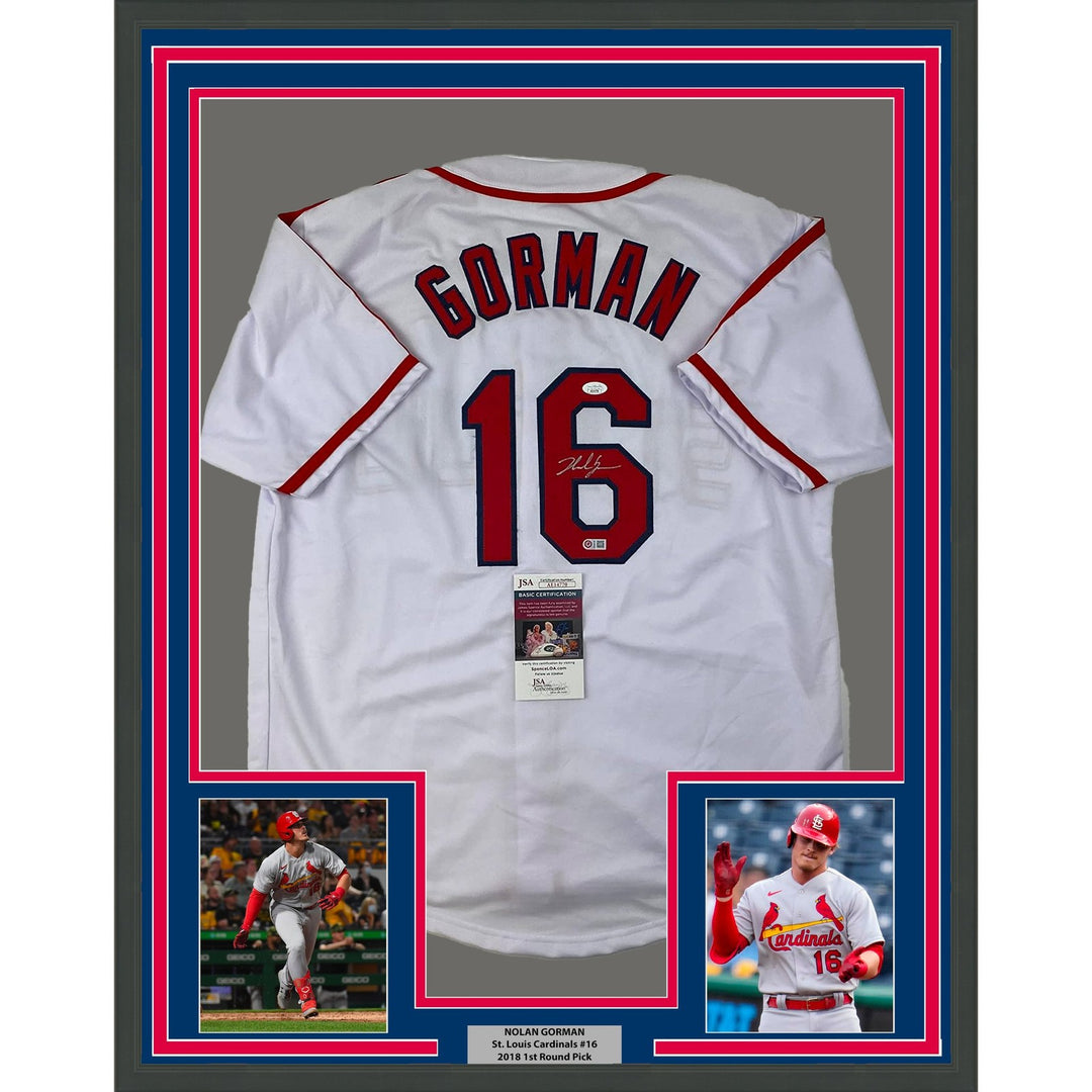 Framed Autographed/Signed Nolan Gorman 35x39 St. Louis White Jersey JSA COA