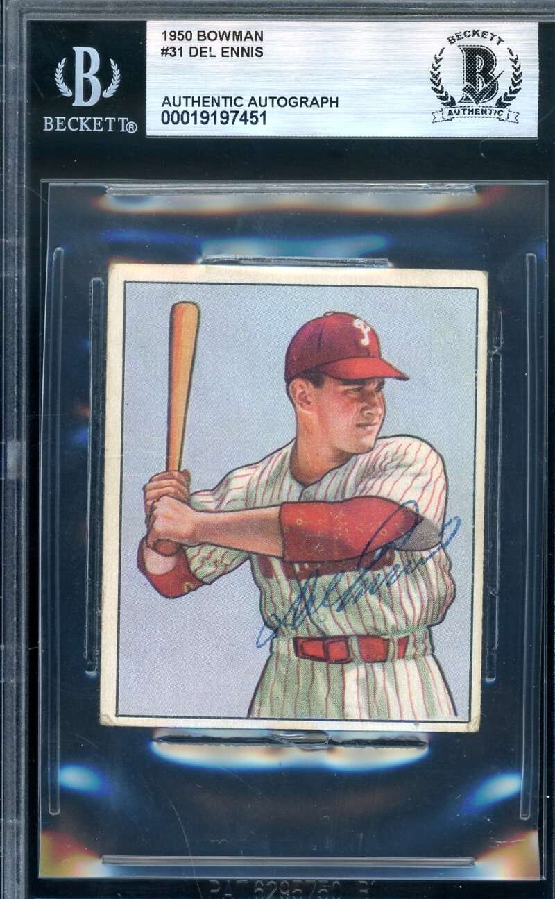 Del Ennis Beckett BAS Signed 1950 Bowman Autograph