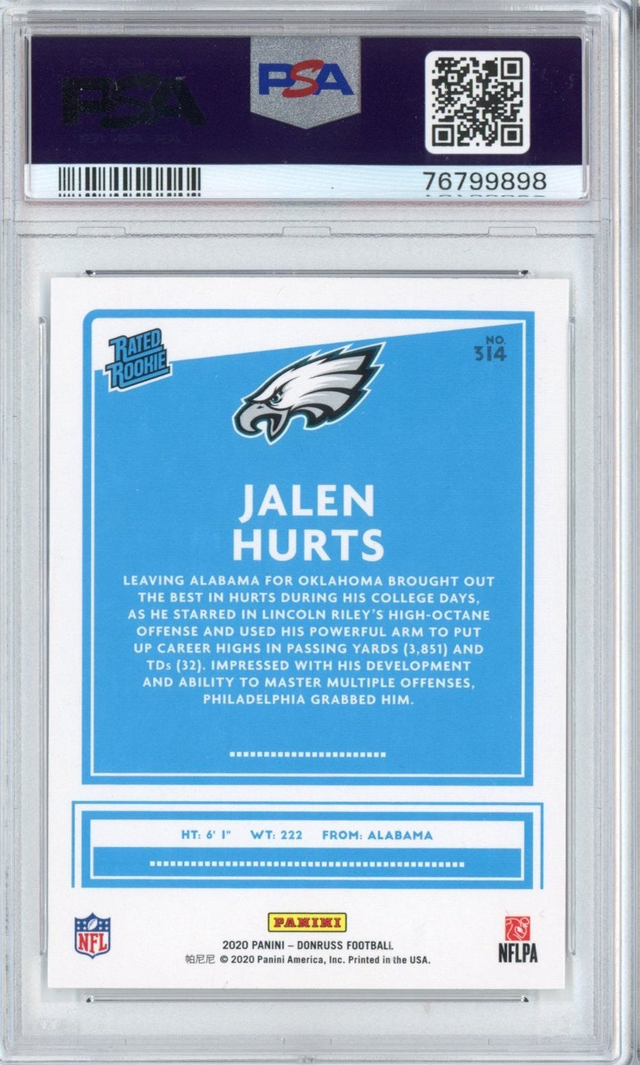 Graded 2020 Panini Donruss Jalen Hurts #314 Canvas RC Football Card PSA 10