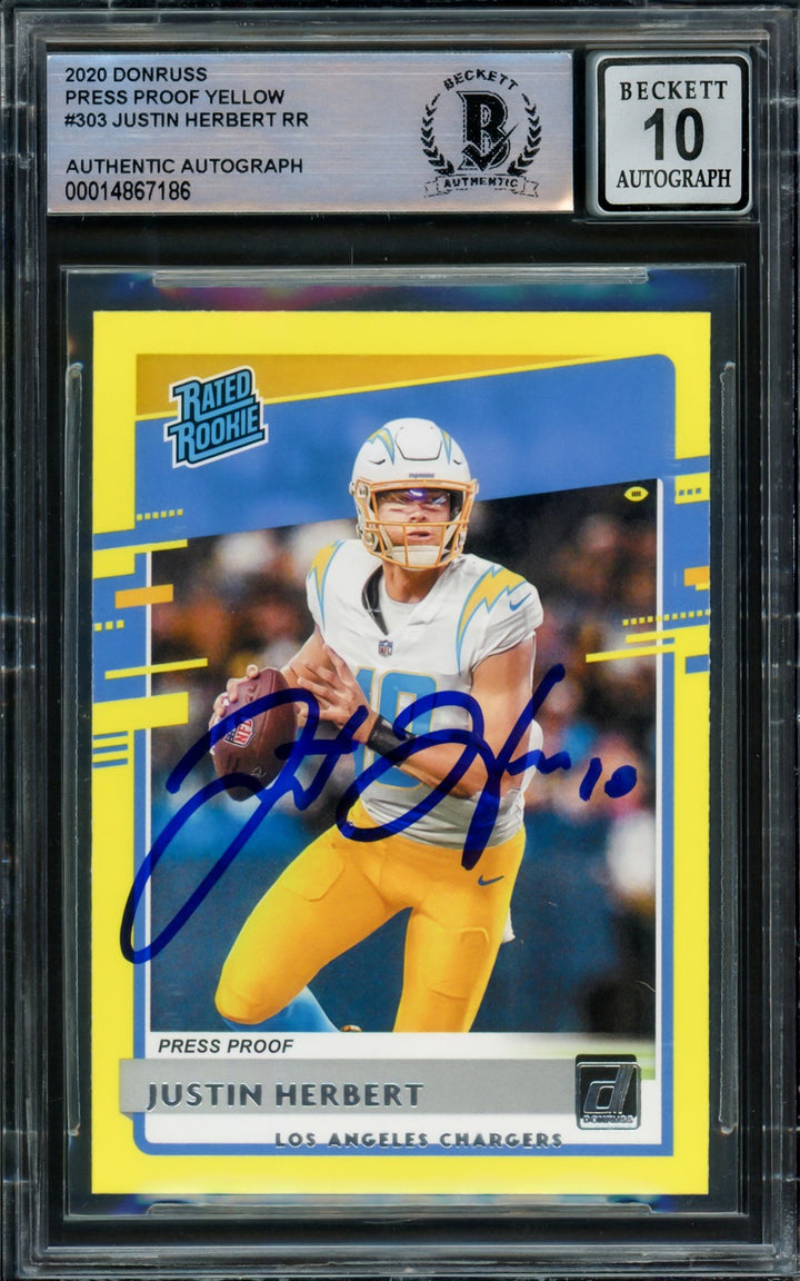 Justin Herbert Signed 2020 Panini Donruss Rated Yellow RC 303 Sig 10 Beckett