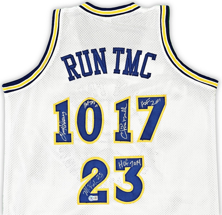 Warriors Chris Mullin, Tim Hardaway & Richmond Auto White Jersey Run TMC HOF BAS