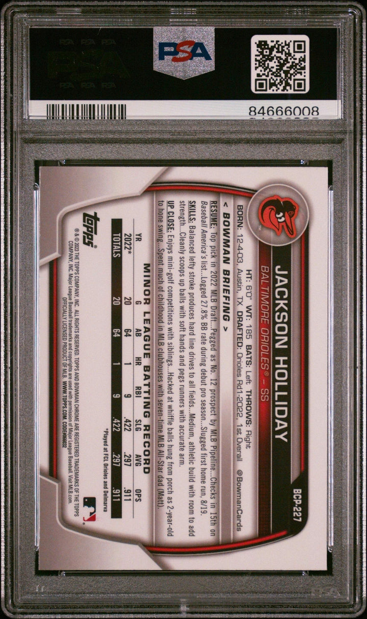 Graded 2023 Bowman Chrome M/B Jackson Holliday #227 RC Baseball Card PSA 10