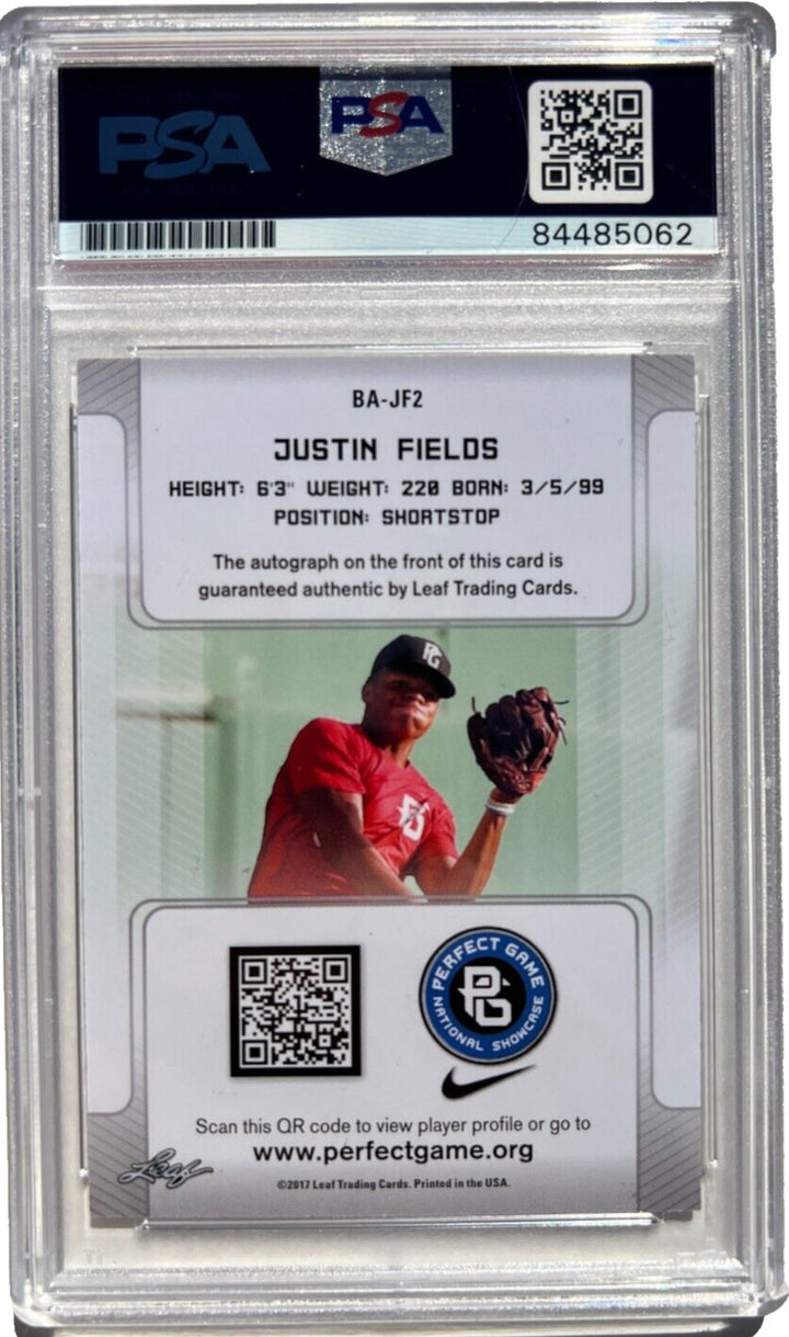 JUSTIN FIELDS SIGNED 2017 LEAF PERFECT GAME ROOKIE CARD RC BEARS AUTO 10 PSA/DNA