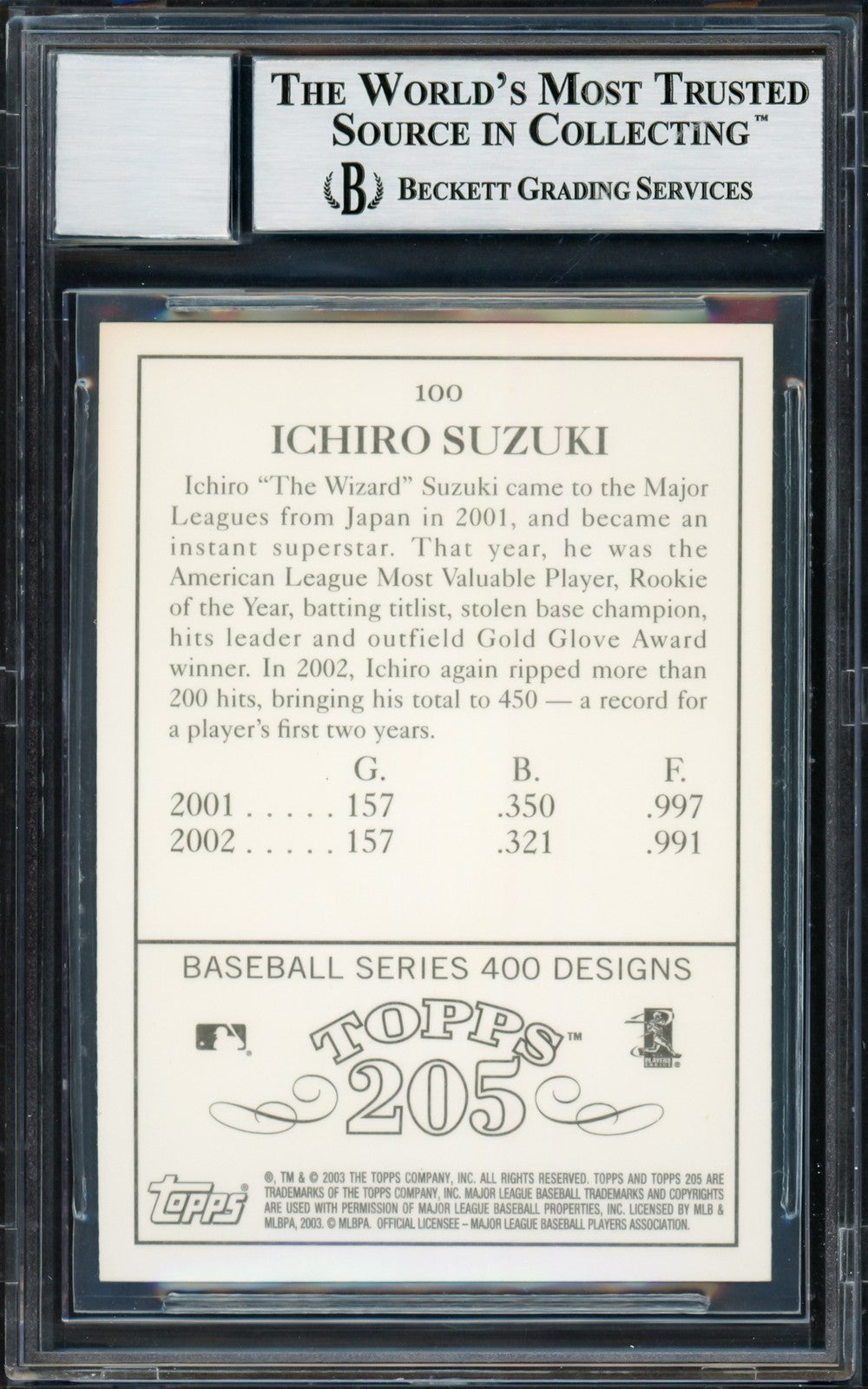 Ichiro Suzuki Signed 2003 Topps 205 Card 100A Mariners Auto GM 10 Beckett
