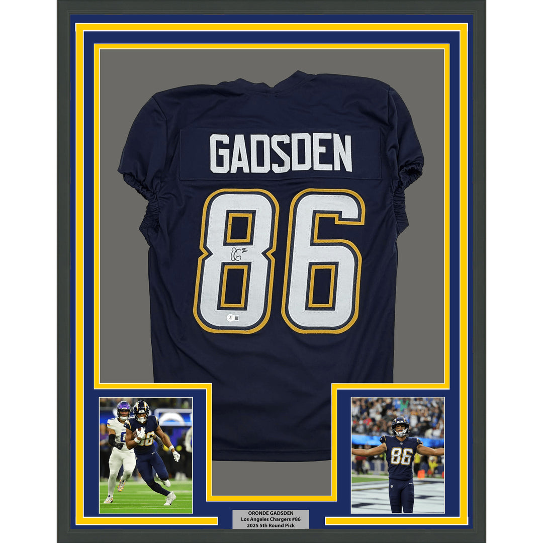 Framed Autographed Oronde Gadsden 35x39 Los Angeles Blue Cut Jersey BAS COA