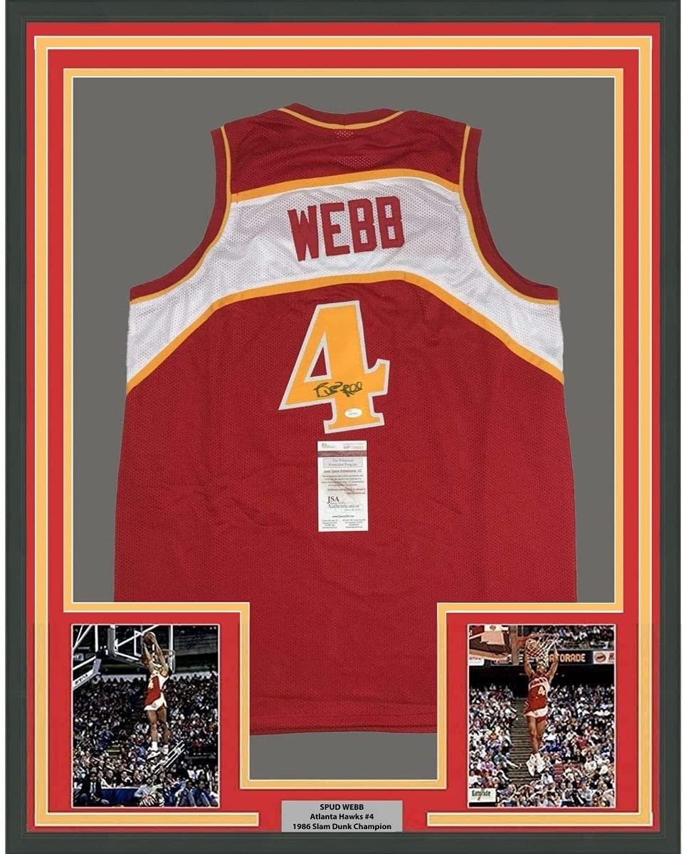 FRAMED Autographed/Signed SPUD WEBB 33x42 Atlanta Red Jersey JSA COA Auto