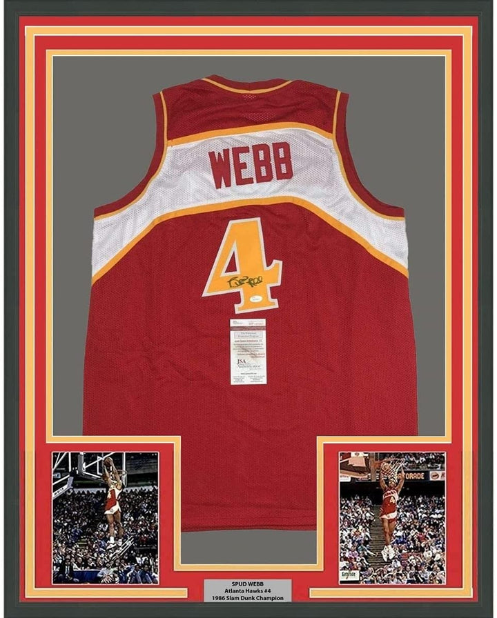 FRAMED Autographed/Signed SPUD WEBB 33x42 Atlanta Red Jersey JSA COA Auto