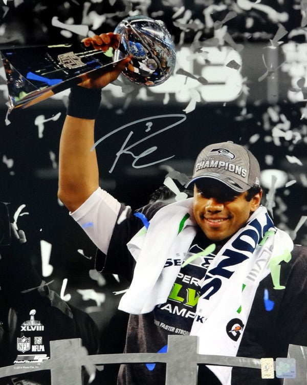Russell Wilson Signed 16x20 Photo Seattle Seahawks Super Bowl Trophy RW Holo