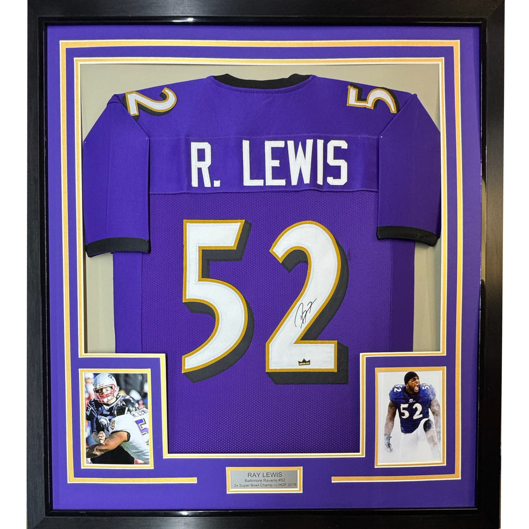 Framed Facsimile Autographed Ray Lewis 33x42 Purple Reprint Laser Auto Jersey