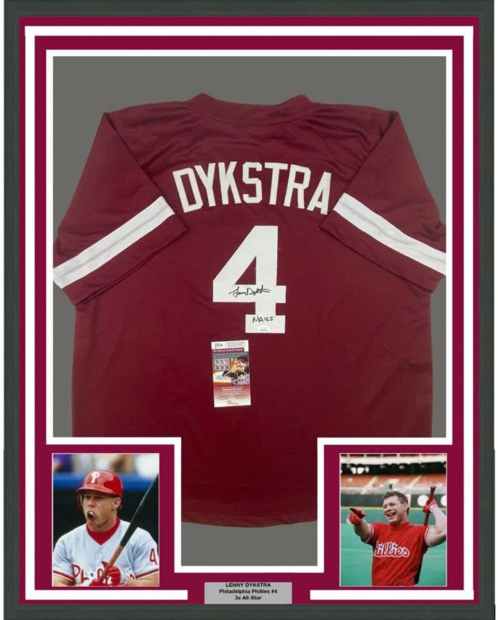Framed Autographed/Signed Lenny Dykstra Nails 33x42 Philly Maroon Jersey JSA COA
