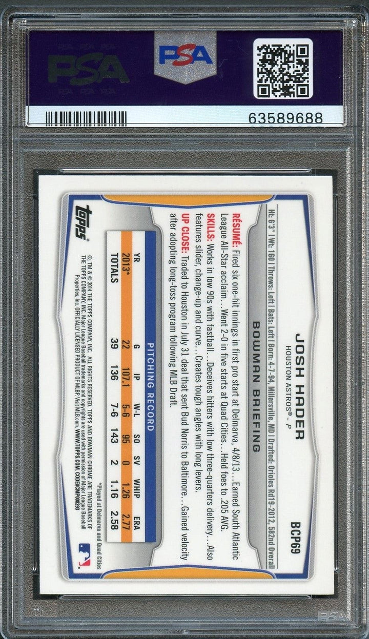 2014 Bowman Chrome #BCP69 Josh Hader Signed Card PSA Slabbed Auto 10