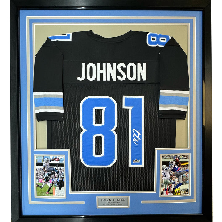 Framed Facsimile Autographed Calvin Johnson 35x39 Detroit Black Reprint Jersey