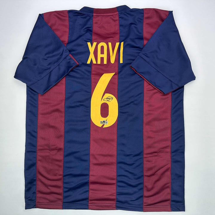 Facsimile Autographed Xavi Hernandez FC Barcelona Blue/Red Reprint Jersey XL