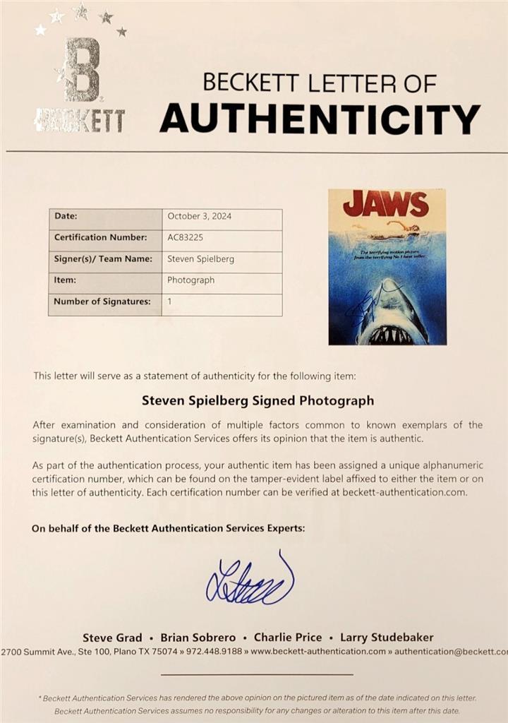 Steven Spielberg signed Jaws 12x18 photo poster autograph ~ Beckett BAS