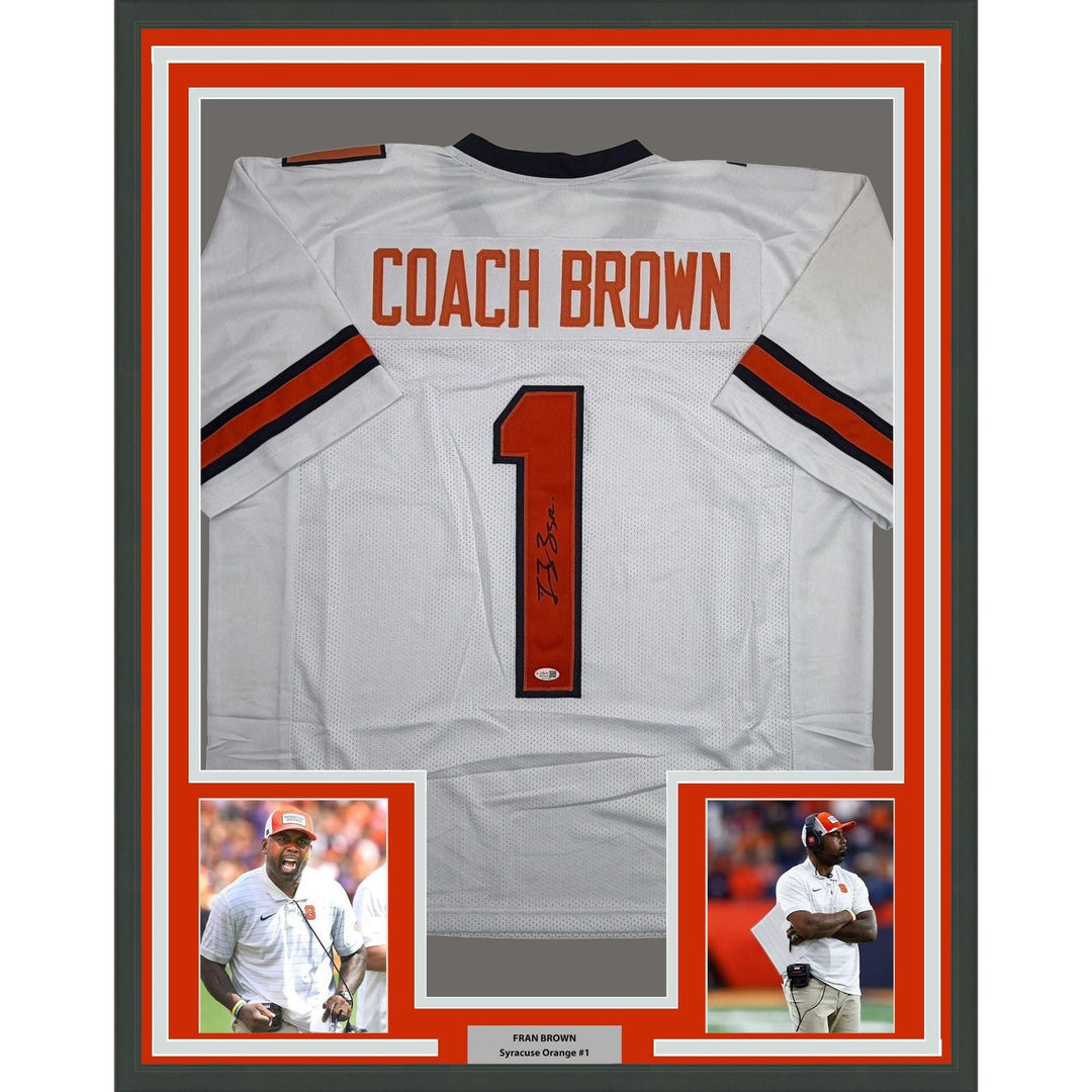 Framed Autographed/Signed Fran Brown 35x39 Syracuse White Jersey JSA COA
