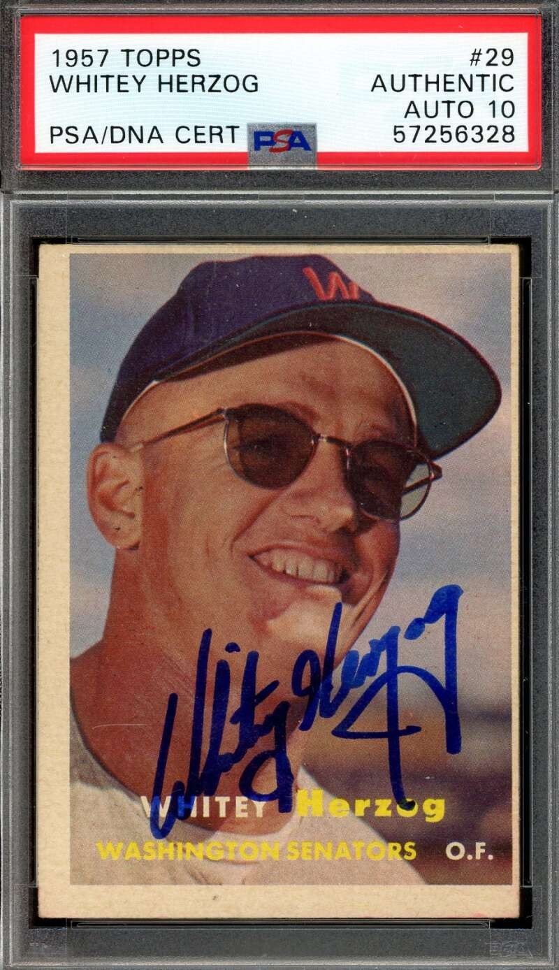 Whitey Herzog Gem Mint 10 PSA DNA Signed 1957 Topps Rookie Autograph