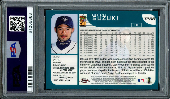 Ichiro Suzuki Auto 2001 Topps Chrome Traded RC T266 Mariners Auto GM 10 PSA/DNA