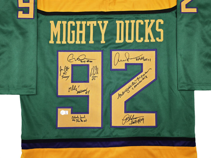 The Mighty Ducks Cast Signed Green Hockey Sweater Jersey 8 Sigs Beckett Witness