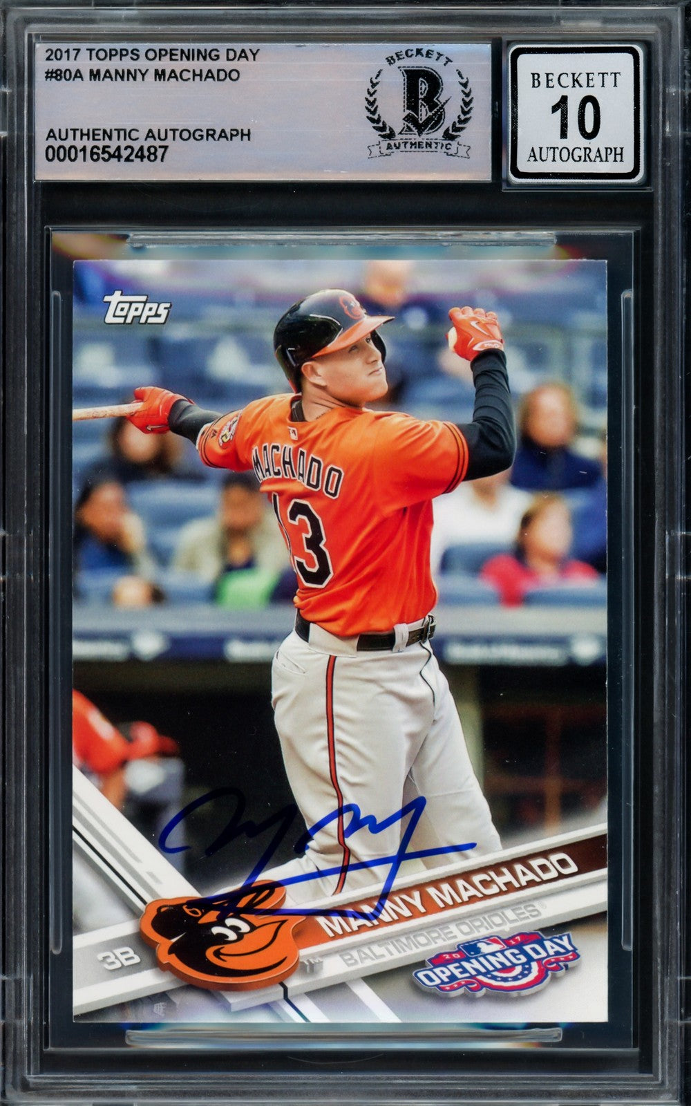 Manny Machado Signed 2017 Topps Opening Day Card 80 Orioles Auto GM 10 Beckett