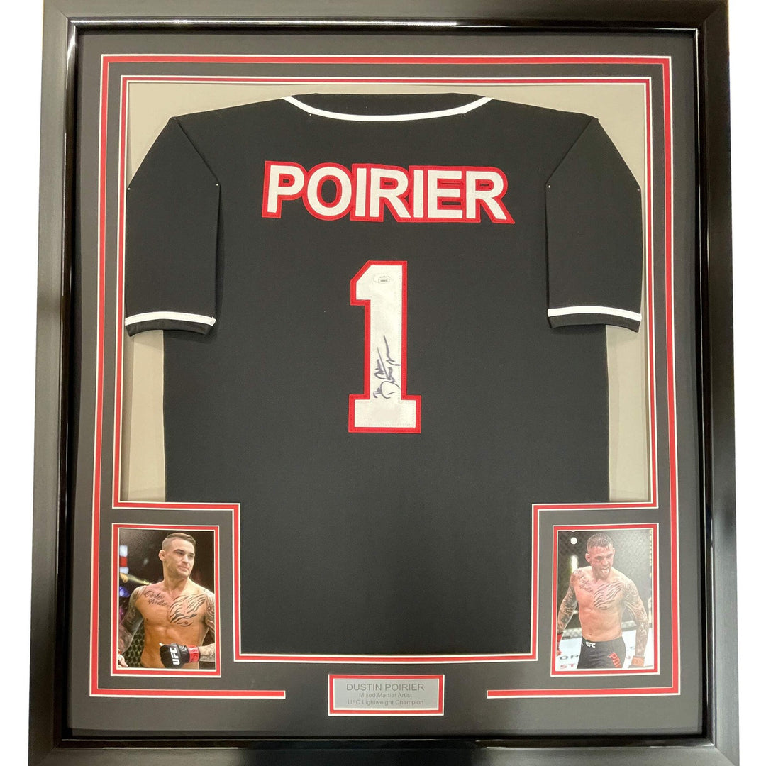 FRAMED Autographed/Signed DUSTIN POIRIER 33x42 UFC Black Jersey PSA/DNA COA