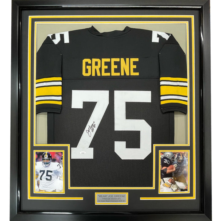 Framed Signed Mean Joe Greene 35x39 Pittsburgh Black Jersey JSA COA