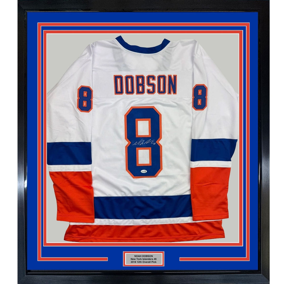 Framed Autographed/Signed Noah Dobson 35x39 New York White Jersey JSA COA
