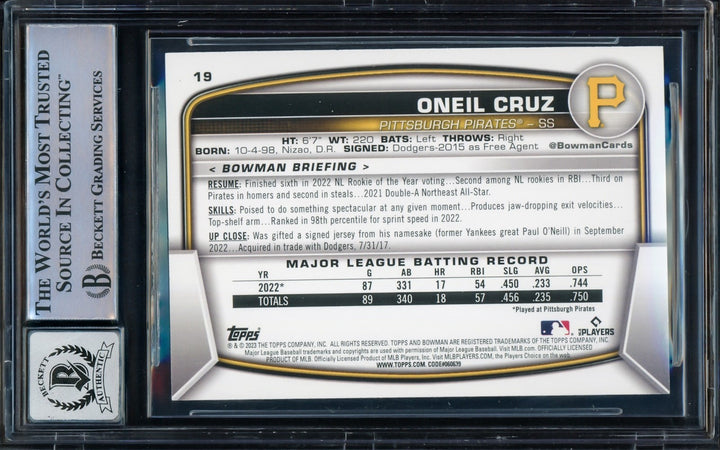 Oneil Cruz Signed 2023 Bowman Card 19 Pittsburgh Pirates Auto GM 10 Beckett