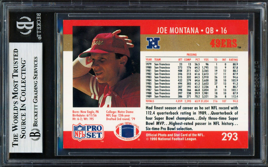 Joe Montana Signed 1990 Pro Set Card 293 San Francisco 49ers Beckett