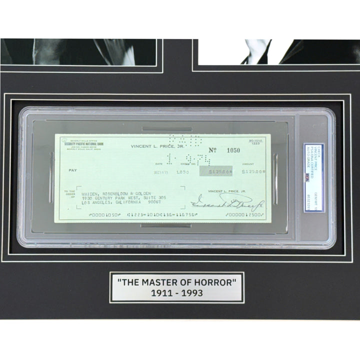 Vincent Price Autographed Framed Check PSA COA Hand Signed House of Wax