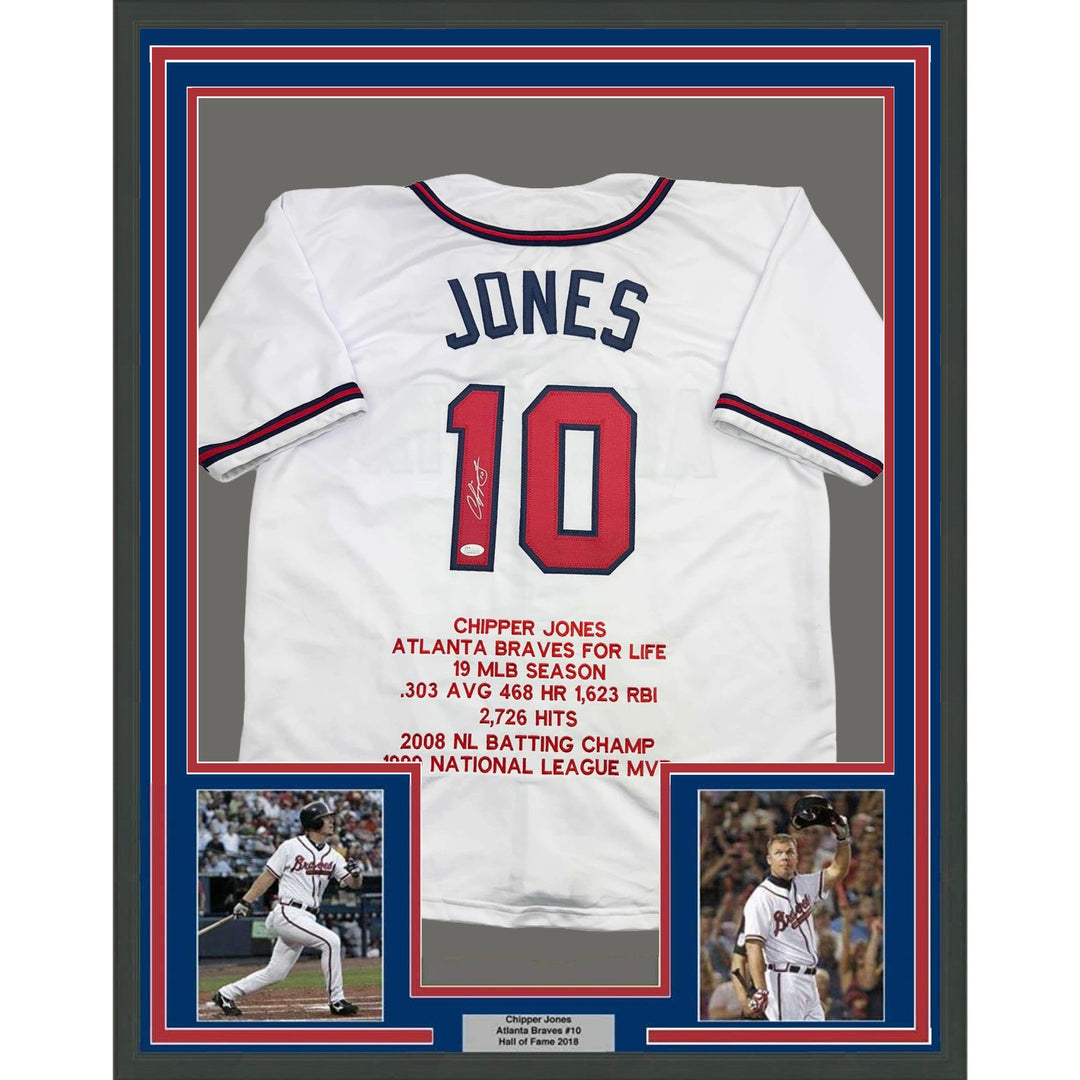 Framed Autographed/Signed Chipper Jones 35x39 Atlanta White Stat Jersey JSA COA