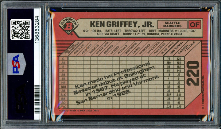 Ken Griffey Jr. Signed 1989 Bowman RC #220 Mariners PSA 8 Auto GM 10 PSA/DNA