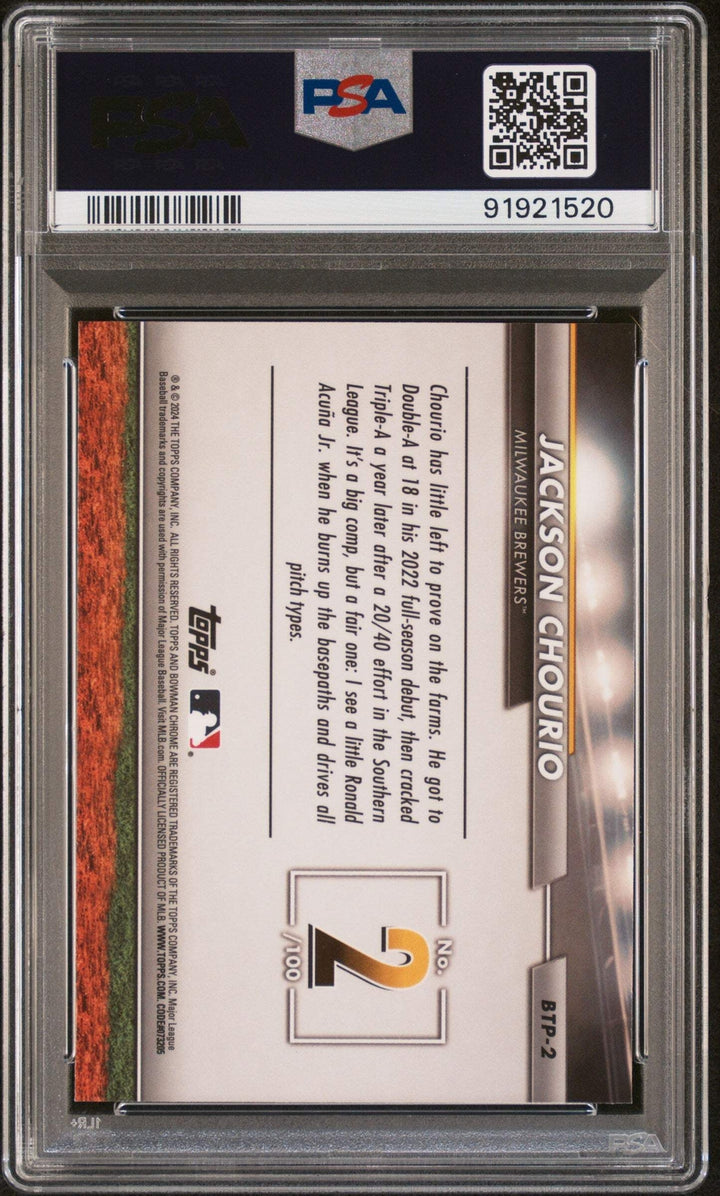 Graded 2024 Bowman Jackson Chourio #BTP2 Scouts Top 100 RC Baseball Card PSA 10