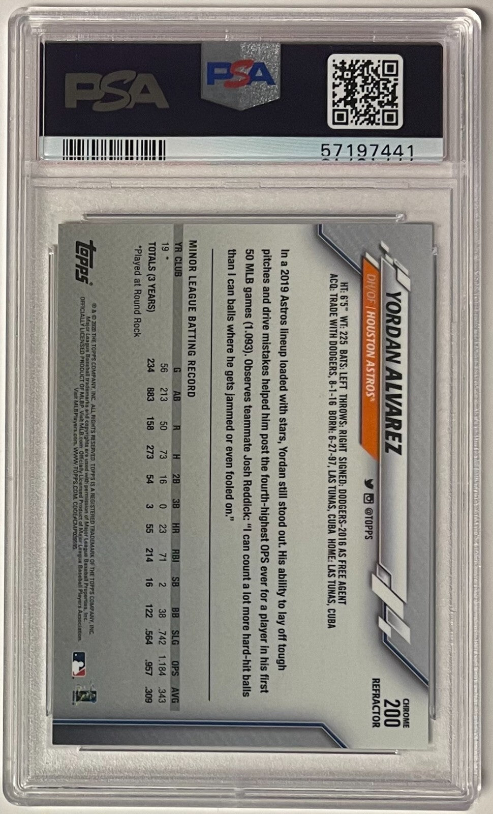 Yordan Alvarez 2020 Topps Chrome Refractor Rookie Card #200-PSA Graded 10 Gem MT